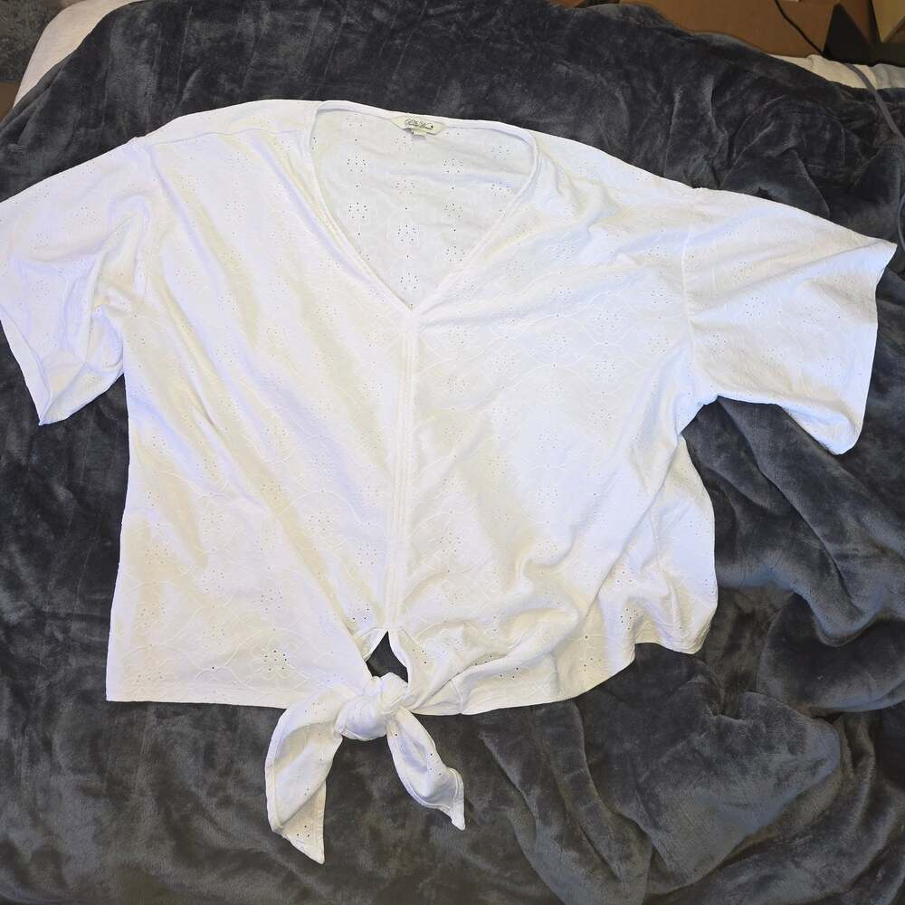 The Pioneer Woman White Tie Front V-Neck Short Sleeve Eyelet Top 1X